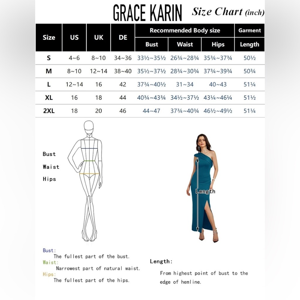 GRACE KARIN One Shoulder Long Formal Dresses Slit Ruched Bodycon Maxi Dress Sz L - Picture 6 of 7